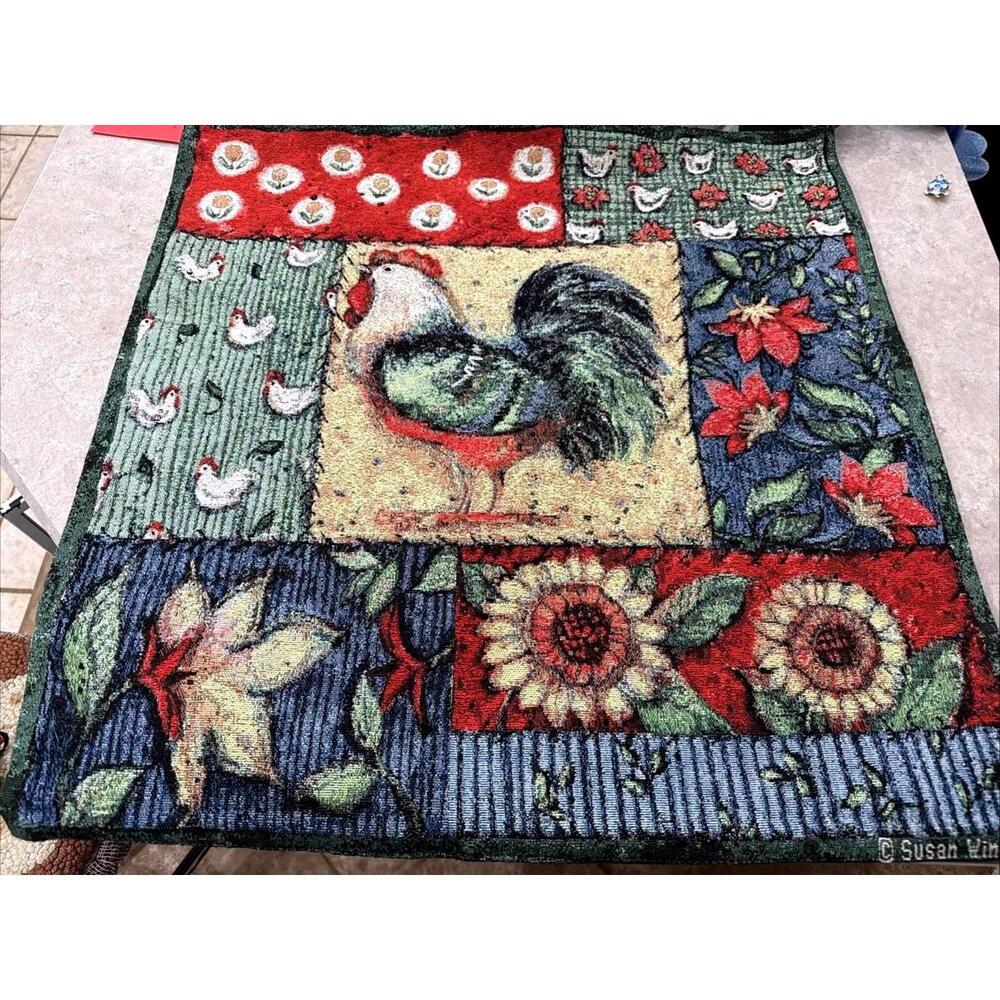 VTG Susan Winget Tapestry Wall Decor Roosters Hens Sunflowers Country Farmhouse